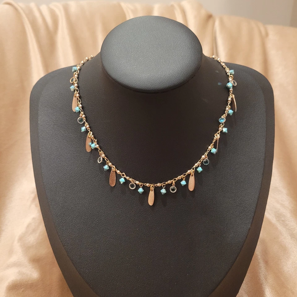 Liz Palacios gold tone blue dangly stones necklace 15-17" - Image 1 of 4