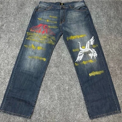 Pantalones de mezclilla Zen para hombre 36 azules rectos Kyoto Yuzen pintados a mano grulla de pájaro Japón Foto 1 de 4