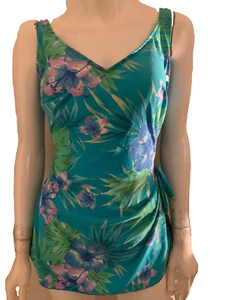 NEW Roxanne Bra Sized swimsuit one piece flowers blue purple green white 14/38C - Picture 1 of 8