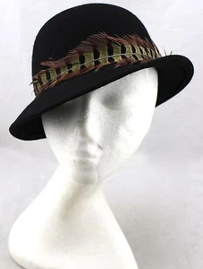 EVELYN VARON Vintage schwarz Wollfilz Feder Pracht Cloche Fischerhut - Bild 1 von 5