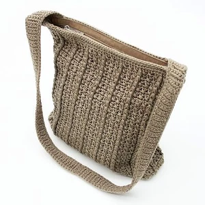 The SAK Tan/Beige Crocheted Knit & Nylon Zip Top Shoulder Bag Handbag Hobo Purse - Picture 1 of 7