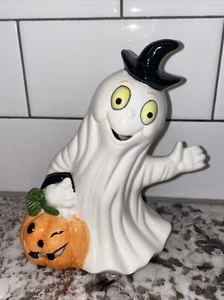 TEA LITE Ceramic 6” Halloween Ghost with Pumpkin Jack O’ Lantern Candle Holder - Picture 1 of 8