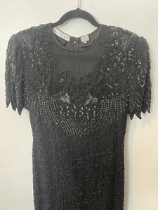 Vintage Sparkling SCALA 100% SILK BEADED SEQUINS Formal Evening Dress Lined Sz M - Picture 1 of 9