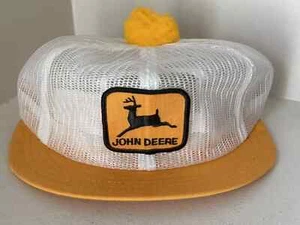 Original John Deere Patch Mesh Snapback Pom Pom Short Brim Hat Yellow Black RARE - Picture 1 of 3