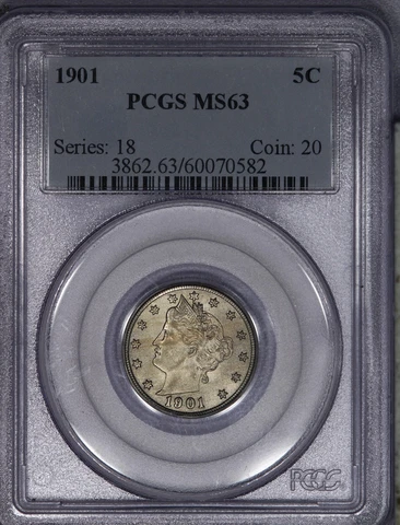 1901 Liberty V Nickel 5c PCGS MS63 Old Holder Cover