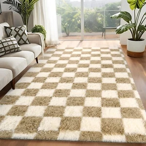 Rugs for Living Room Bedroom, 5x7 ft Beige and White Checkered Area Rug, Fluf... - Picture 1 of 7