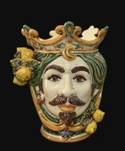 Moors kopf IN Keramik Über Caltagirone Zeuge Männchen Vase Aus Hand Mit Zitronen - Bild 1 von 2