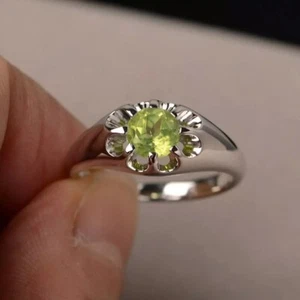 2Ct Round Cut Natural Green Peridot 14k White Gold Plated 925 Engagement Ring 7 - Picture 1 of 4