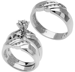 14K White Gold Diamond His & Hers Trio Engagement Ring Wedding Band Mens Womens - Picture 1 of 2