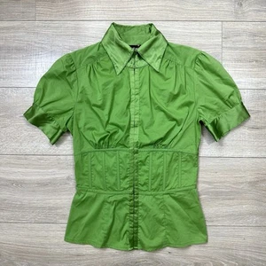 Y2K Bebe Green Corset Hook & Eye Blouse Top Cotton & Silk Fitted Puff Sleeve Sml - Picture 1 of 8