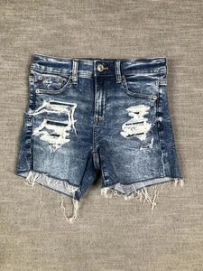 American Eagle Shorts Womens 4 Blue Hi Rise Shortie Distressed Denim Ripped - Picture 1 of 11
