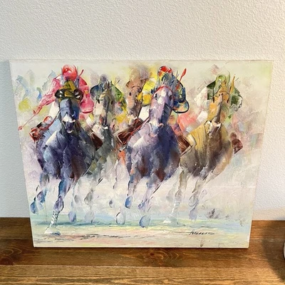ANTHONY VECCIO RACETRACK Horse Racing Oil Painting Signed - Image 1 of 4