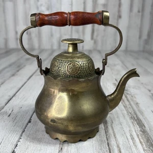 Vintage Ornate Brass Teapot Wooden Handle And Bell In Lid Made In India - Picture 1 of 20
