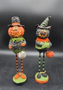 Volkskunst Pappmaché grinsende schwarze Katze & Kürbiskopf Figur 11 Zoll - Bild 1 von 7