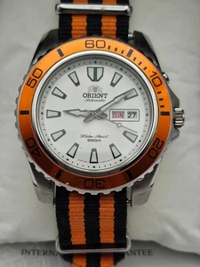 ORIENT Mako XL EM75-C2-A orange Lünette 20 BAR Herren Automatik Uhr weißes Ziffernblatt - Bild 1 von 8