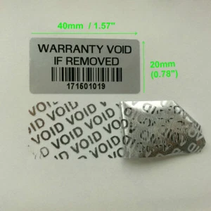 Tamper Proof Stickers Warranty Void Barcode 40 x 20mm Tamper Evident Labels 1000 - Picture 1 of 5