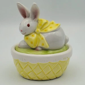 Conejo de Pascua de cerámica en cesta Lefton 1985 caja de baratijas pintada a mano #05196 Japón - Imagen 1 de 10