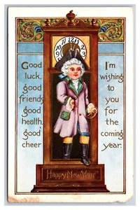 Happy New Year Good Luck Uhr Dandy Junge geprägt DB Postkarte U11 - Bild 1 von 2