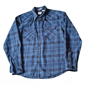 Levis Mens Barstow Western Shirt Blue Black Plaid Check Cowboy Style Size L Long - Picture 1 of 11