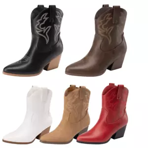 Women Cowboy Cowgirl Boots Low Chunky Heel Pointed Toe Western Ankle Boots - Picture 1 of 32