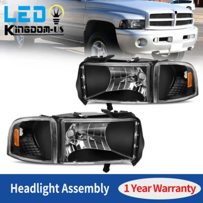 Black Headlights For 1994-2002 Dodge Ram 1500 2500 3500 Amber Corner Lamps LH+RH - Image 1 of 4