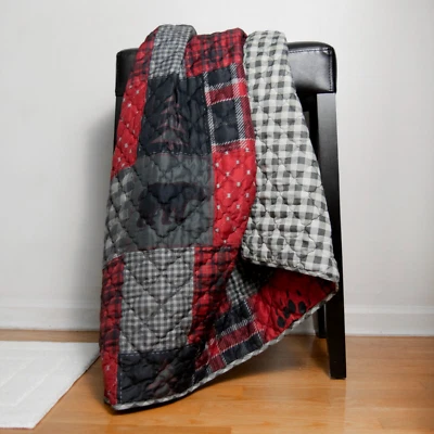 Donna Sharp Red Forest Quilted Throw Blanket Lodge Cozy Log Cabin Bear Red Black - Image 1 of 3