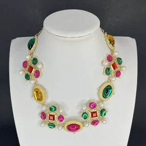 Mogul Jewel Necklace Choker Gold Tone Multicolor Faux Pearl 90s Gripoix Style - Picture 1 of 9