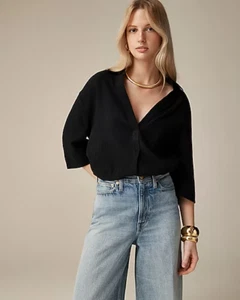 J Crew Womens Airy Popover Shirt Black Gauzy V Neck Pocket L NWT - Picture 1 of 8