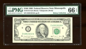 DBR 1990 $100 FRN Gem Minneapolis Fr. 2173-I PMG 66 EPQ Serial I43913210A - Picture 1 of 2