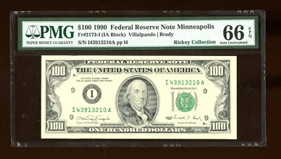 DBR 1990 $100 FRN Gem Minneapolis Fr. 2173-I PMG 66 EPQ Serial I43913210A - Image 1 of 2