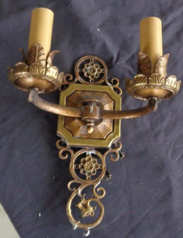 Gorgeous Antique Spanish Colonial Revival Dual Light Sconce Fixture - Iron/Brass Cover