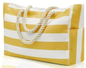 Beach Bag Large Tote Bag with Zipper Striped Waterproof Canvas for Pool Travel - Picture 1 of 3