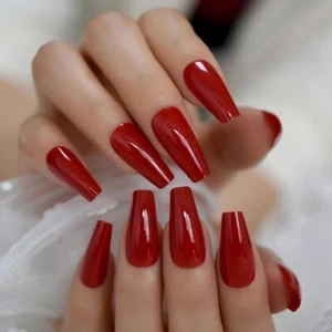 Red Christmas tapered False Nail French Manicure Fake Tips Press On Full Cover - Picture 1 of 3
