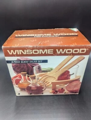 New Winsome Wood Teak 6 Piece Salad Set Serving Bowl 2 Cruets MCM NIB New Old st - Image 1 of 4