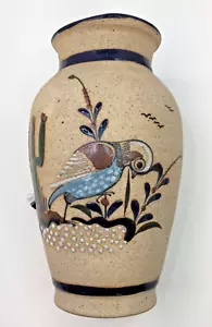Vintage Hand-Painted Mexican Pottery Vase . Signed – 8" Tall – Bird & Cactus - Picture 1 of 9