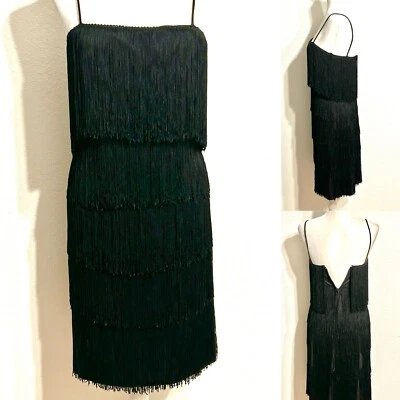 Vestido de cóctel vintage años 70 Roger Milot Fred Perlberg negro con flecos aleta Wm XS/SM? Foto 1 de 4