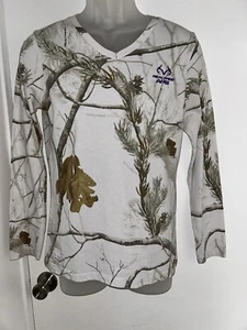 Used Ladies REALTREE APS White Snow Camo Long Sleeve T-Shirt Womens Med (8-10) - Picture 1 of 6