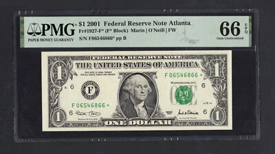 United States-Federal Res One Dollar 2001 Fr#1927-F* (F* Block) UNC Grade 66 - Image 1 of 2