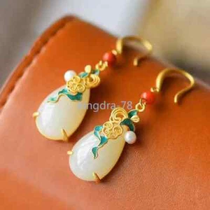 Ethnic Style Sterling Silver Cloisonne Inlaid Jade Water Drop Earrings-- - Picture 1 of 7