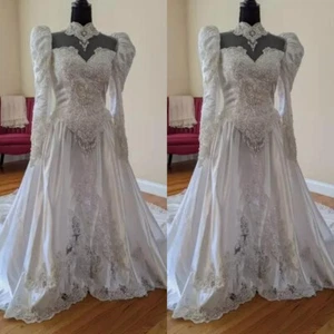 Vintage Victorian Wedding Dress High Neck Long Sleeved Satin Beaded Bridal Gowns - Picture 1 of 12