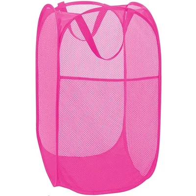 Mesh Pop Up Clothes Hamper, Foldable Storage Basket With Side Pocket, Pink - Image 1 of 4
