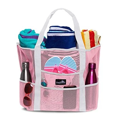 Bolso de malla sin arena - Fuerte ligero grande rosa pastel con asas blancas Foto 1 de 4