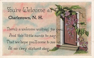 CHARLESTOWN NH GREETINGS CARD WITH DOORWAY YOU'RE WELCOME 1920s POSTCARD 110225 - Picture 1 of 4