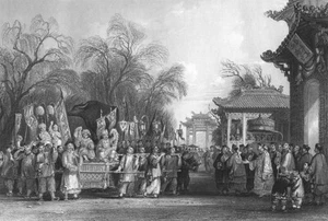 China, FRÜHLINGSFEST SONNE MOND MOND NEUJAHRSPARADE ~ 1842 Kunstdruck Gravur - Bild 1 von 1