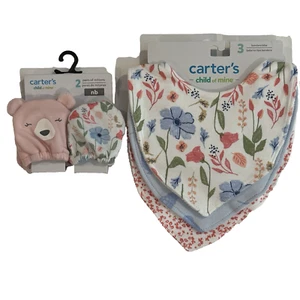 Carter's 3-Pk Floral Bandana Bibs One Size & 2-Pk Mittens Newborn, Baby Girl NEW - Picture 1 of 13