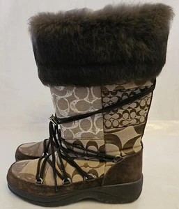 COACH 6 "Laurilyn" Brown Patchwork Signature Canvas Suede Fur Winter Boots 7.5 - Picture 1 of 8
