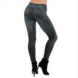 Women Blue Faux Denim Jeans High Waist Skinny Jeggings Leggings Pencil Pants - Picture 1 of 2