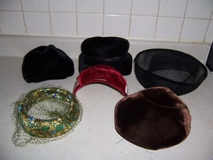 Vintage Ladies Lot of 6 Hats Velour, Netting, and Straw Mid Century 1950s & 60's - Picture 1 of 16