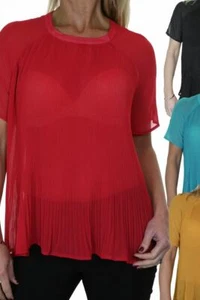 Ladies Pleated Round Neck Top Sheer Chiffon Blouse Short Sleeve Shirt 8 - 10 - Picture 1 of 18