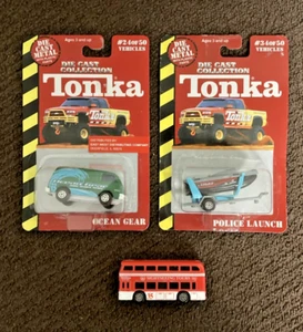 Tonka Diecast 1:64 Lot - Double decker bus, Ocean Gear & Police Launch - Picture 1 of 3